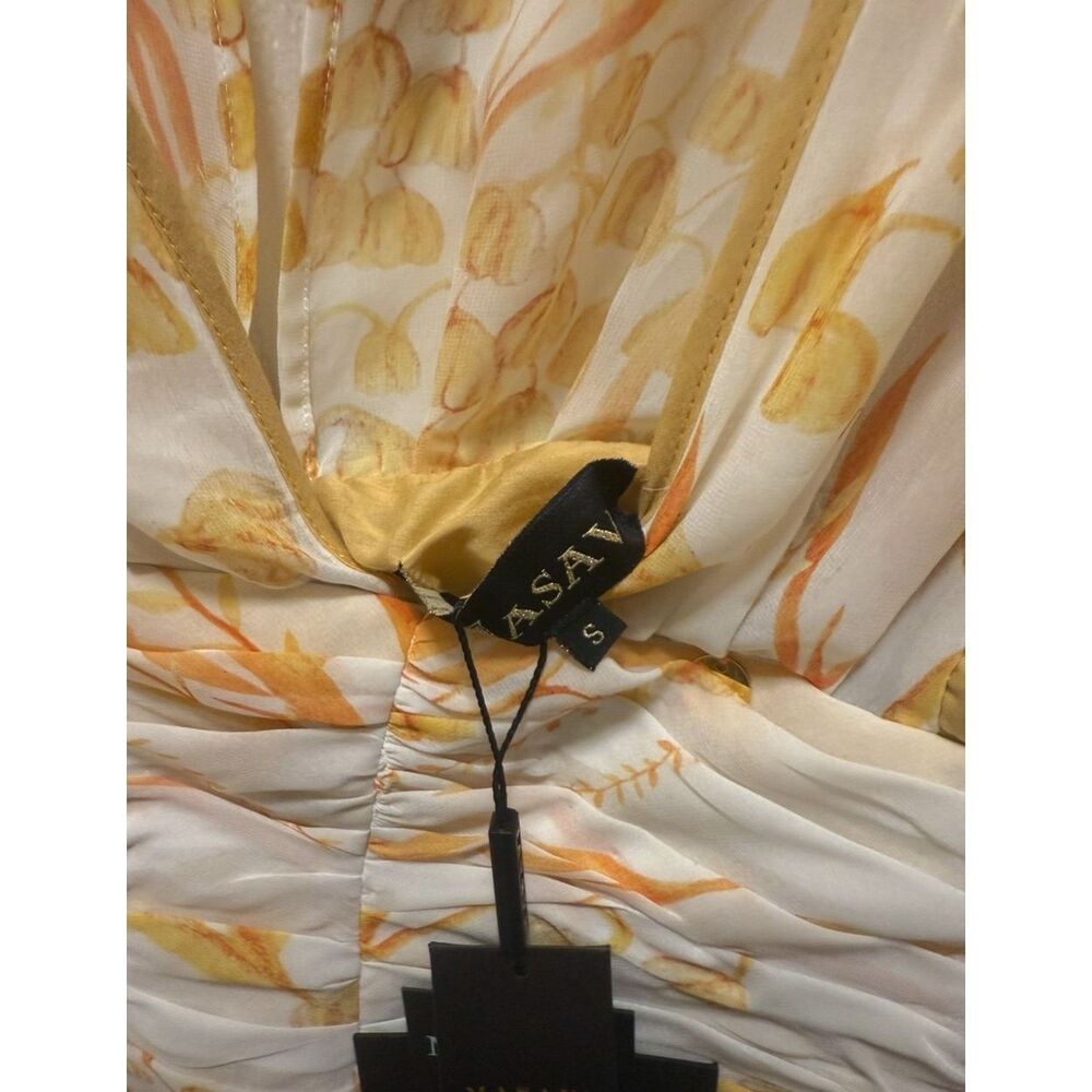 MASAVI Leafs Pleated Short Mini Dress In Mustard Cocktail Party Dress Size S NWT - Picture 7 of 7